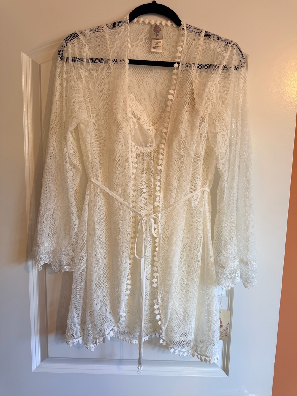Sheer Cream Lace Robe and Teddy Set with Pom Trim